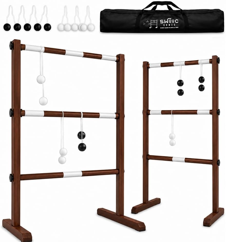 Swooc Games® - Juego de pelota de escalera de madera prémium (resistente a la intemperie) - con más de 10 juegos y estuche de transporte - Fácil de configurar sin herramientas - Juego de lanzamiento