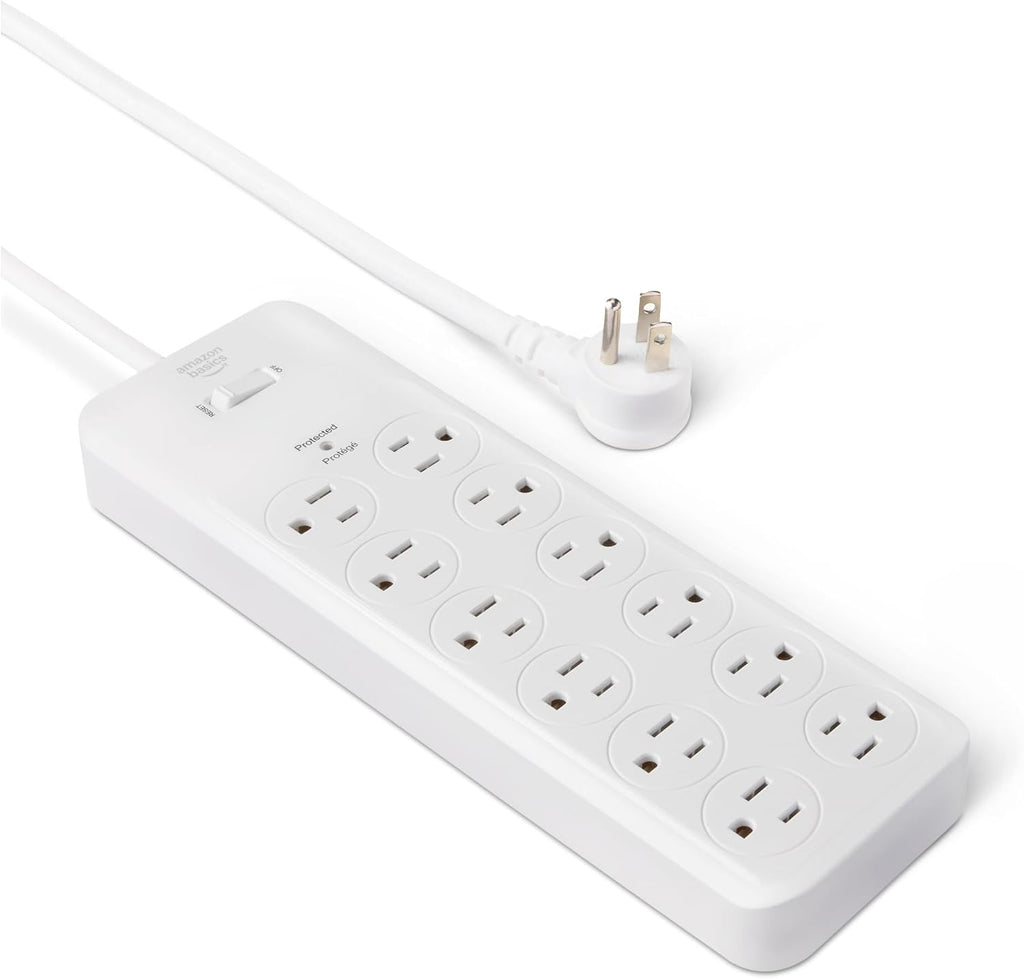 Amazon Basics Regleta protectora contra sobretensiones de 12 tomas, 4000 julios, cable de extensión de 8 pies, rectangular, para el hogar, oficina, sala de juegos, color blanco