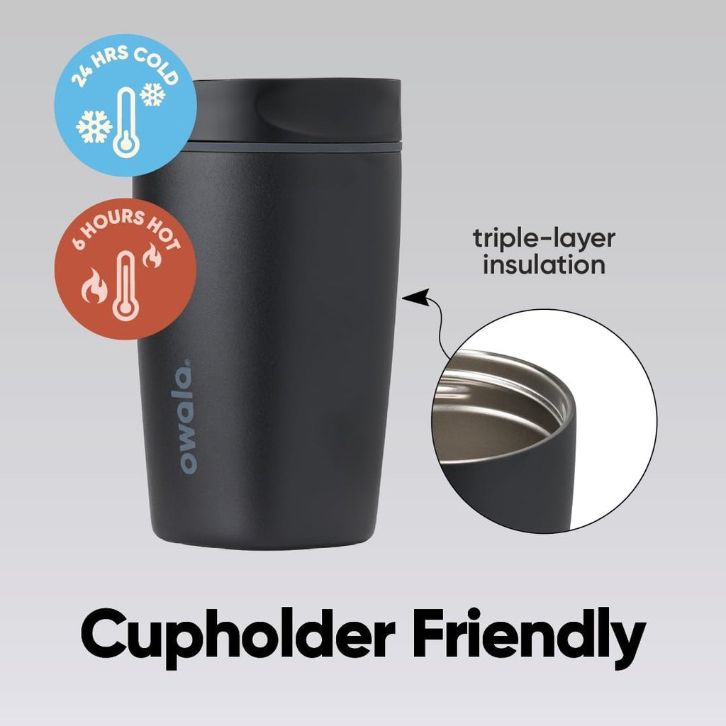 Owala SmoothSip Slider - Vaso de café de acero inoxidable con aislamiento de cerámica, sin sabor metálico, reutilizable, taza de café helado caliente, libre de BPA, 12 onzas, muy, muy oscuro