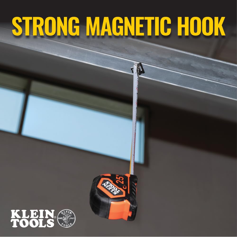 Klein Tools Cinta métrica 9225, cinta métrica resistente con hoja reforzada de nailon de doble cara de doble gancho de 25 pies, con clip de cinturón de metal