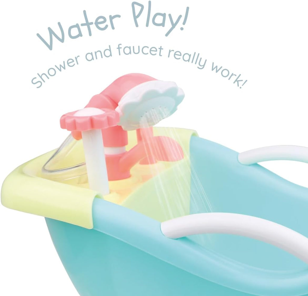 JC Toys - Cuna mecedora y accesorios para muñeca, perfectos para pequeños, Juego de baño azul/rosa