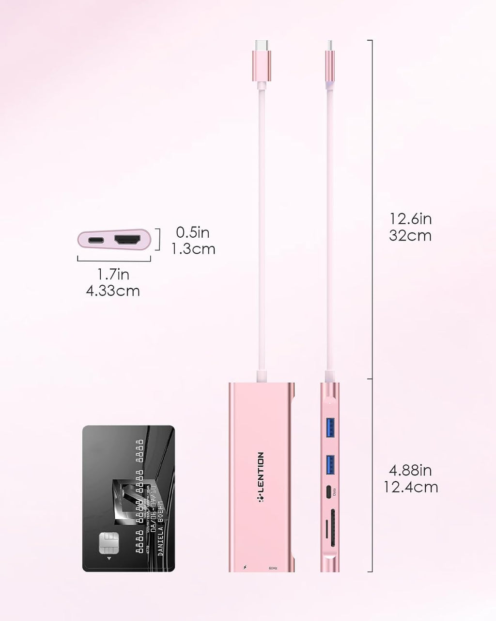 LENTION Hub USB C 7 en 1, cable de 1 pie, 4K @60Hz, 100W PD, A y C