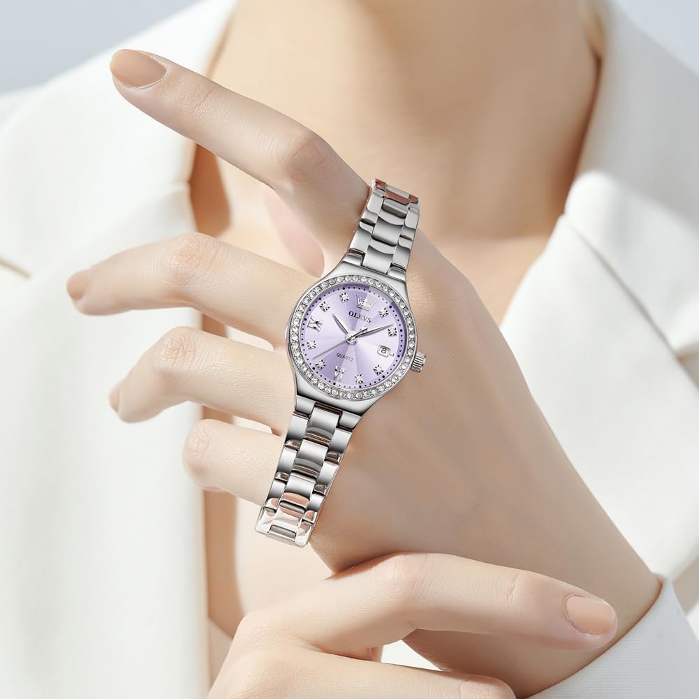 Reloj OLEVS para Mujer, Reloj de Plata para Mujer, Reloj de Vestir con Diamantes, Relojes para Mujeres con Pequeña Correa, Reloj de Lujo de Acero Inoxidable Resistente al Agua, Reloj Analógico de
