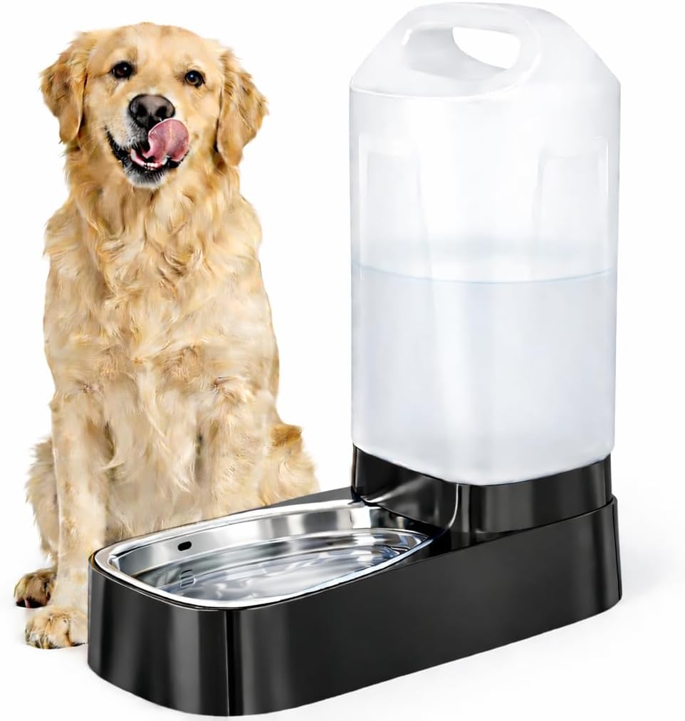 Dispensador automático de agua para perros, dispensador de agua para mascotas por gravedad de 2.4 galones con cuenco de acero inoxidable 304, comederos automáticos para perros, mango fácil de