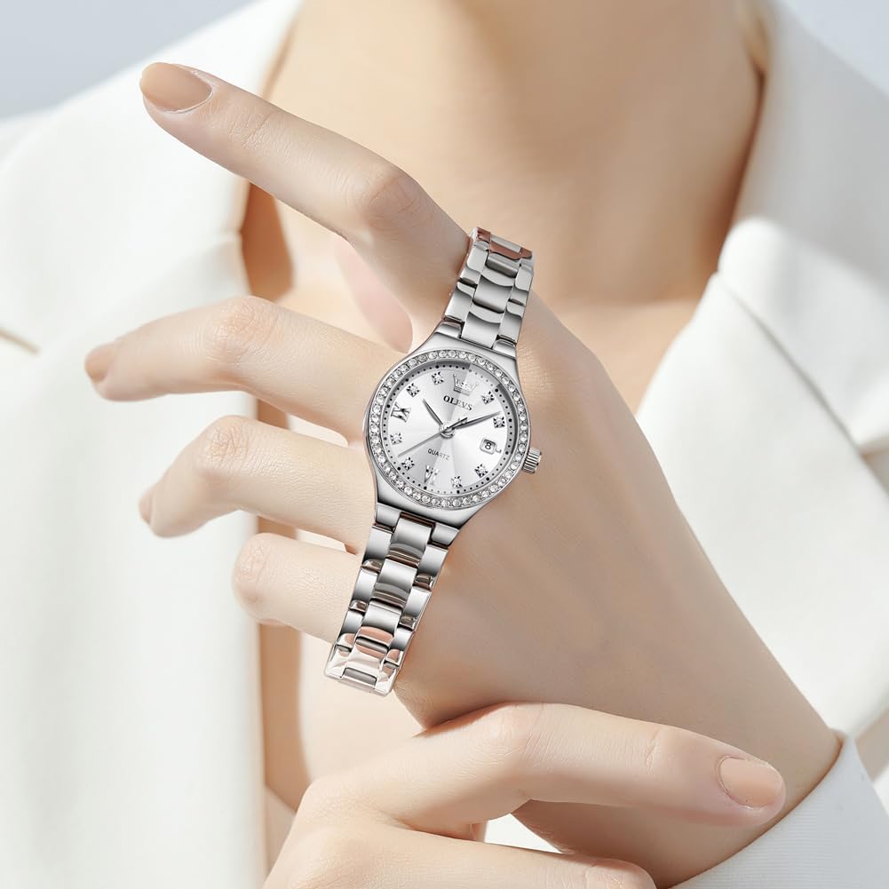 OLEVS Reloj para Mujer Plateado de Acero Inoxidable Elegante Analógico Lúmenes Visibles
