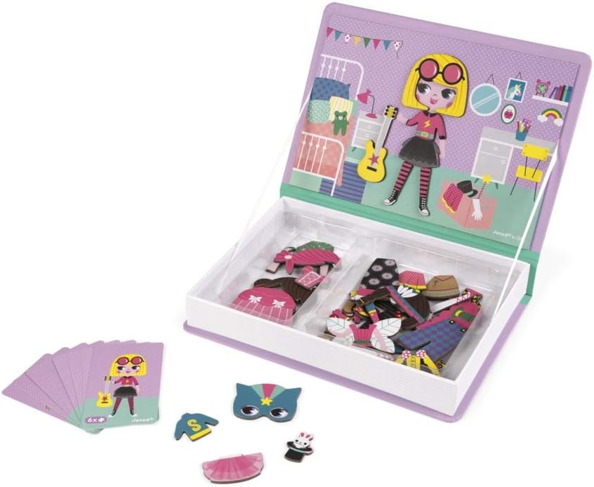 Janod - MagnetiBook Juego de disfraces magnéticos para niña de 55 piezas - Juego creativo - Mejora la creatividad y las habilidades cognitivas - Diseño portátil, aprendizaje STEM, aumenta la confianza