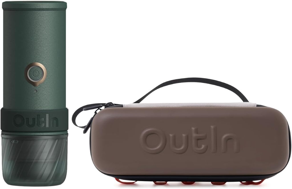 OutIn Mino - Máquina eléctrica portátil de café expreso con funda protectora de EVA, verde musgo y marrón arce