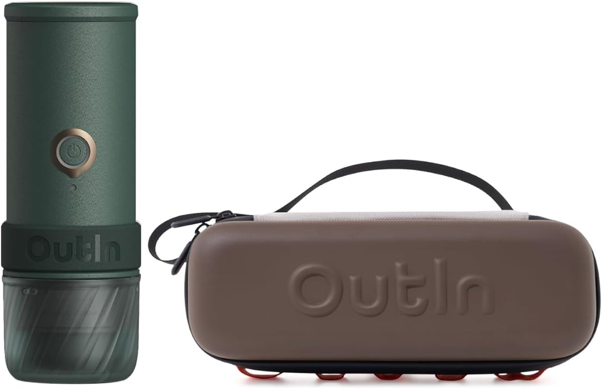 OutIn Mino - Máquina eléctrica portátil de café expreso con funda protectora de EVA, verde musgo y marrón arce