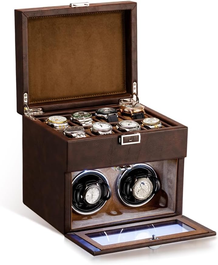 Cargador giratorio para 2 relojes automáticos + 8 ranuras de almacenamiento para relojes, motor silencioso
