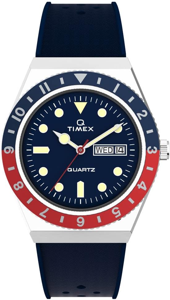 Timex Reloj Q 1.496 in para hombre - esfera azul caja de acero inoxidable correa de goma azul