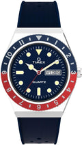 Timex Reloj Q 1.496 in para hombre - esfera azul caja de acero inoxidable correa de goma azul