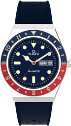 Timex Reloj Q 1.496 in para hombre - esfera azul caja de acero inoxidable correa de goma azul