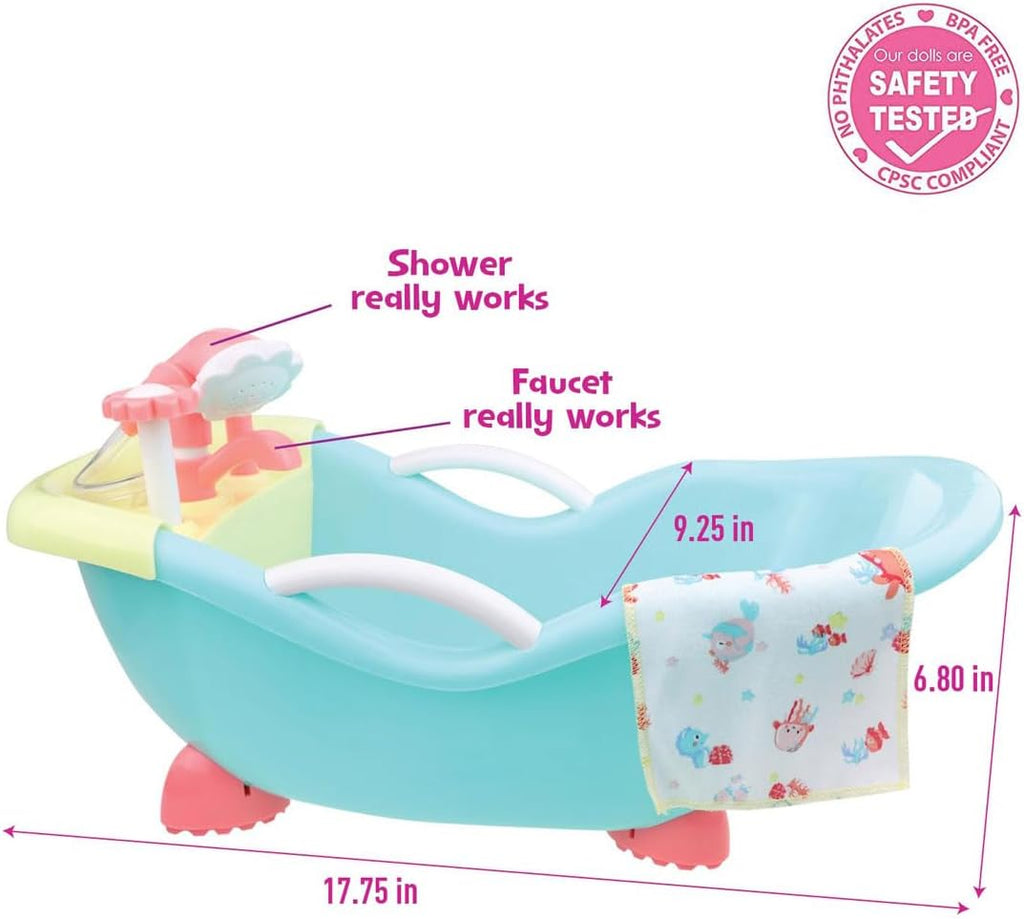 JC Toys - Cuna mecedora y accesorios para muñeca, perfectos para pequeños, Juego de baño azul/rosa