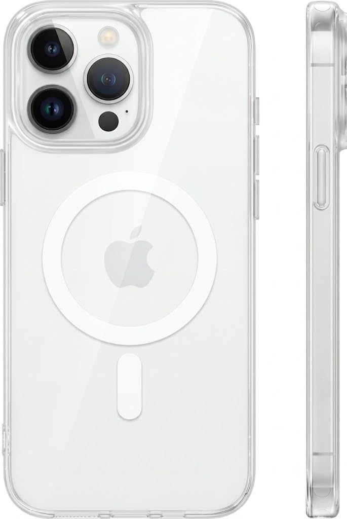 TORRAS Funda magnética a prueba de golpes para iPhone 15 Pro, probada contra caídas de grado militar, compatible con MagSafe, parte trasera de policarbonato duro transparente con funda protectora delgada de silicona antihuellas, transparente