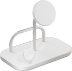 Zens Cargador inalámbrico 4 en 1, compatible con MagSafe y Qi2, carga inalámbrica ultrarrápida de 15 W para Apple iPhone 16/15/14/13/12, Apple Watch, AirPods, incluye adaptador de corriente (blanco)
