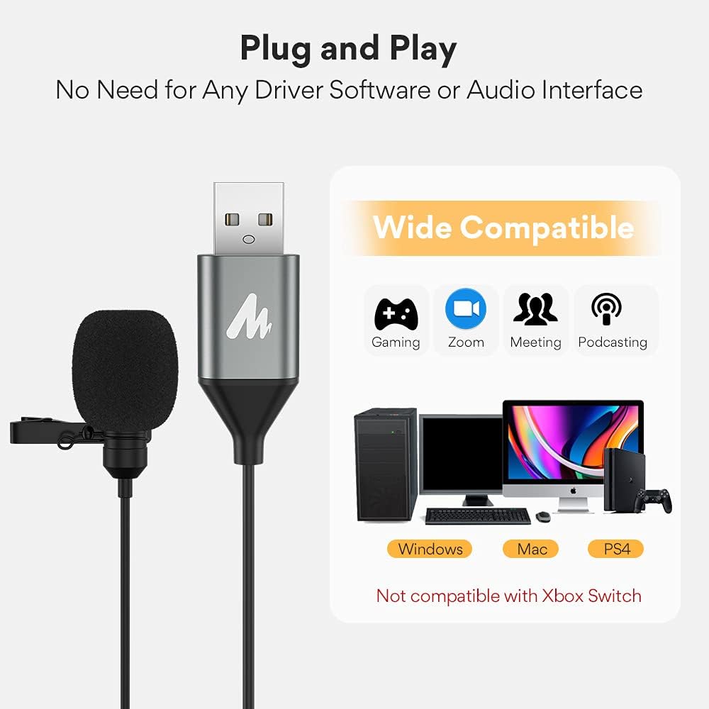 MAONO Micrófono USB Lavalier, 192KHZ/24BIT Enchufa y usa Omnidireccional Micrófono de solapa Clip de collar de camisa para PC, computadora, Mac, portátil, YouTube, Skype, grabación, podcasting, juegos