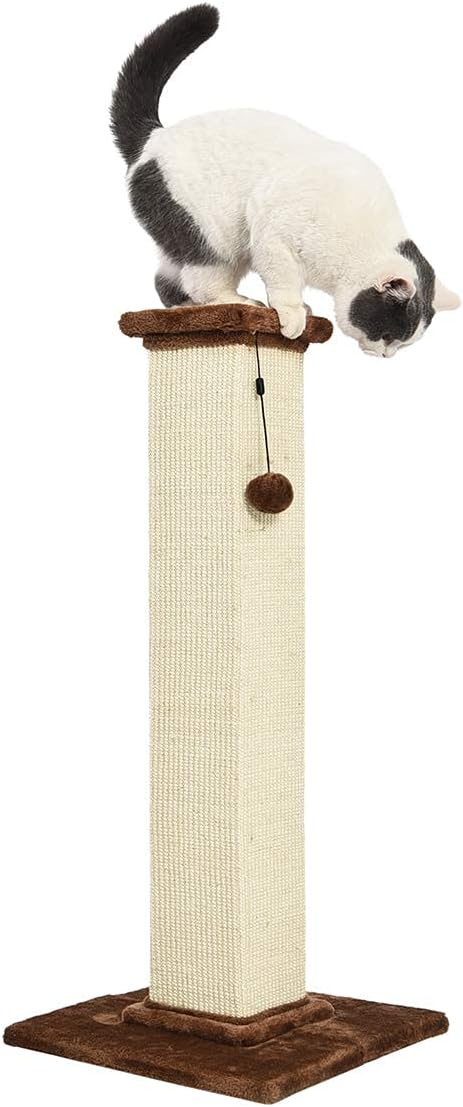 Amazon Basics Poste rascador alto para gatos con fibra de yute y alfombra marrón, grande, 15.75 pulgadas de largo x 15.75 pulgadas de ancho x 35.43 pulgadas de alto