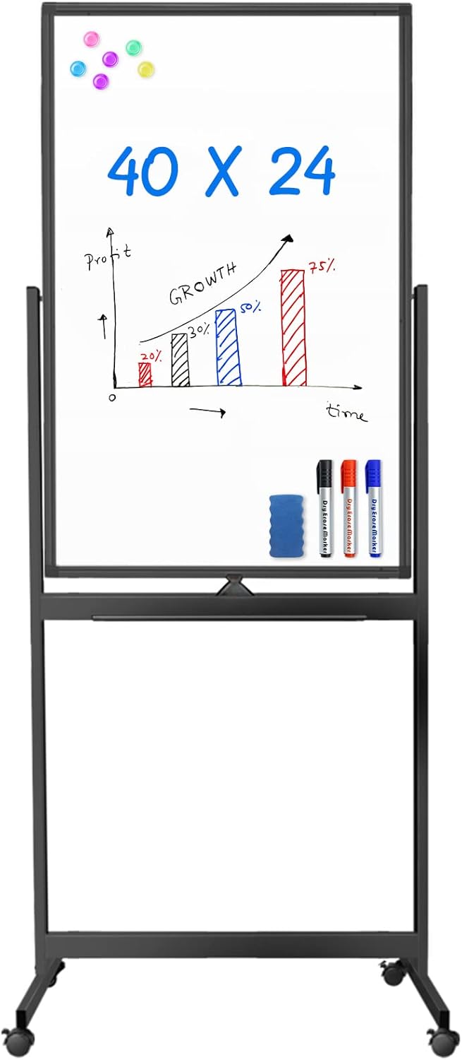 maxtek Pizarra Blanca Magnética Móvil, 40 x 24 Pizarra de Borrado en Seco de Doble Cara Rodante, Marco de Aluminio Pizarra de Pie sobre Ruedas para Oficina en Casa Aula (40 x 24 Negro)