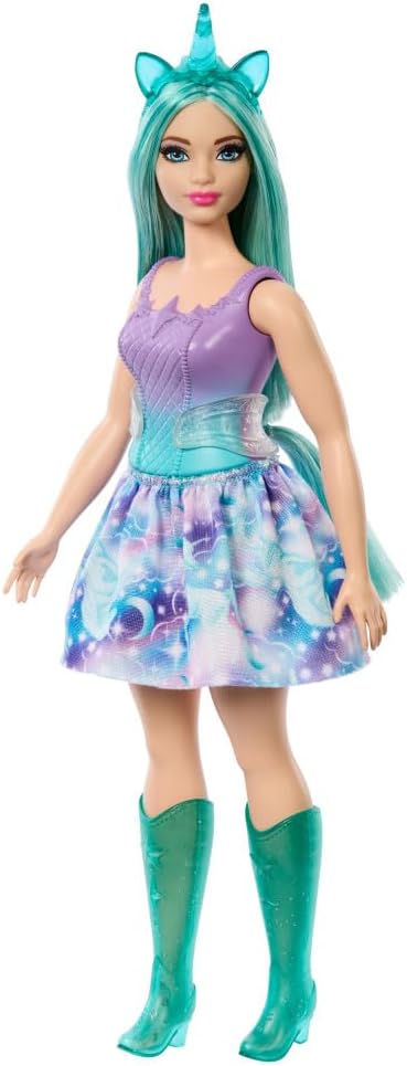 Barbie Muñeca de unicornio con pelo de fantasía turquesa, atuendo p...