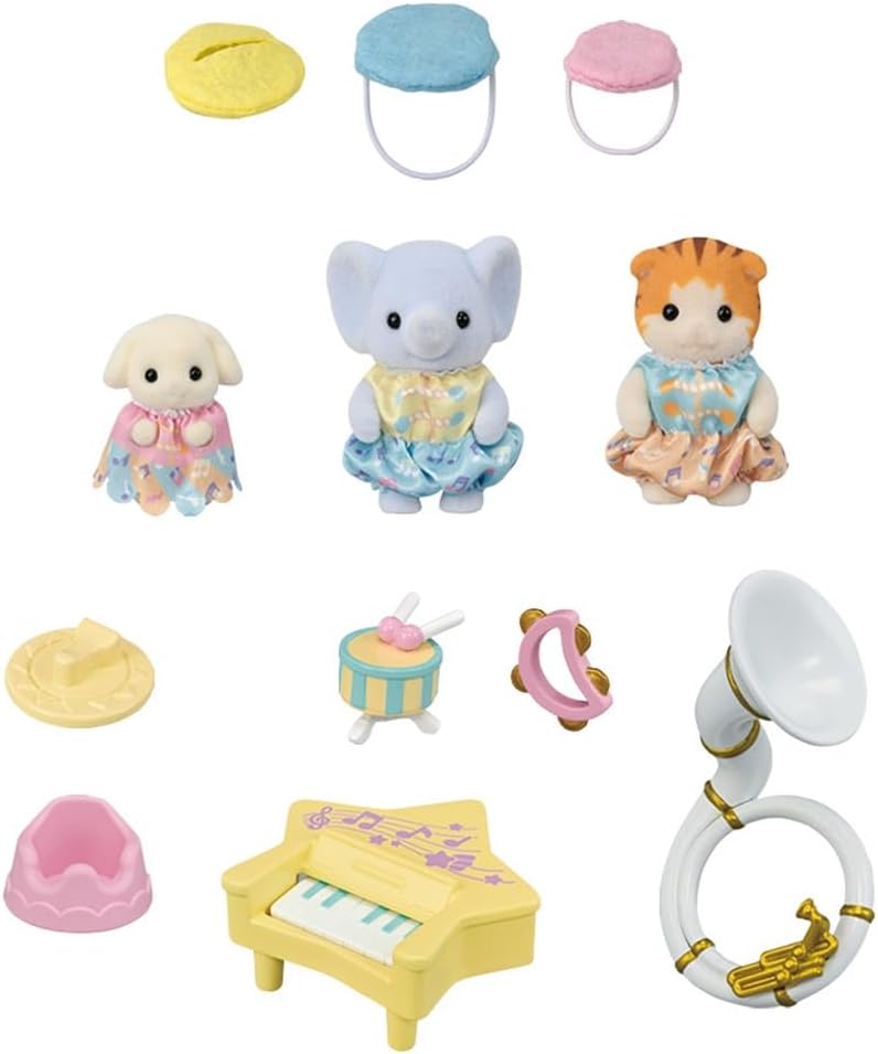 Sylvanian Families 5817 - Juego de figuras de concierto para bebé, juego con figura de animal, figuras aterciopeladas de animales, conejo, gato, elefante, juguete para niños de 3 años en adelante