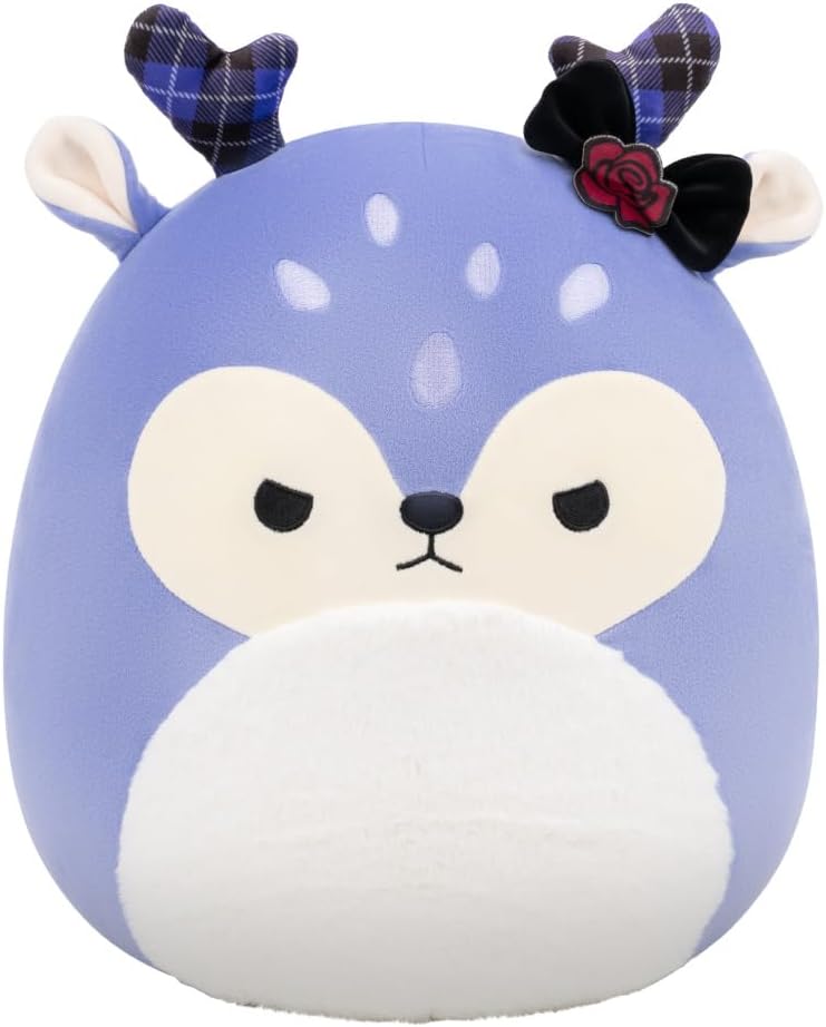Squishmallows Original Binoche the Purple Fawn de 14 pulgadas con cuernos y lazo a cuadros - Peluche oficial de Jazwares (grande)