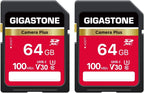 GIGASTONE Tarjeta SD de 64 GB, 2 unidades, cámara Plus, velocidad de hasta 100 MB/s, UHS-I U3 Clase 10 SDXC, tarjeta de memoria SDXC, video Full HD para cámara digital, con 2 mini fundas