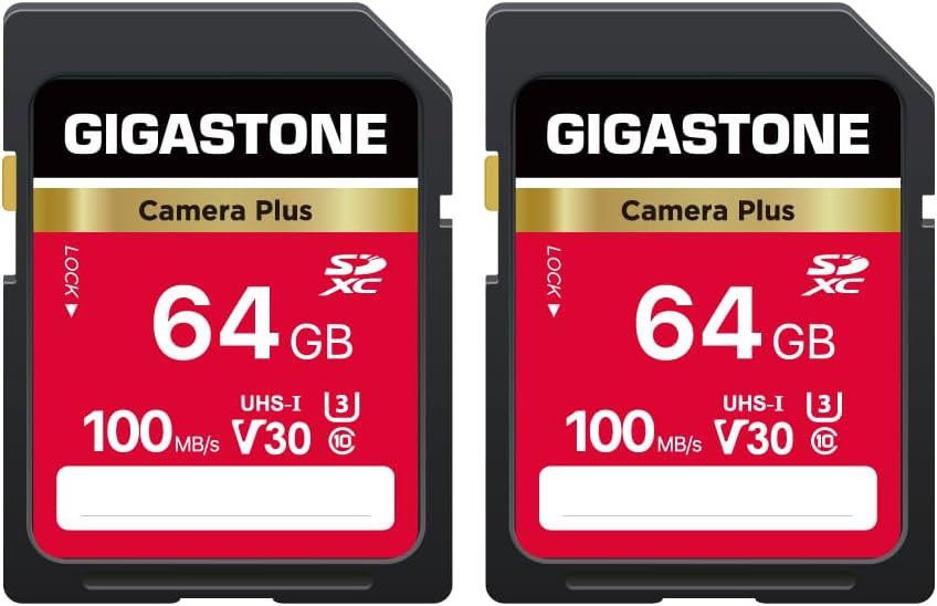 GIGASTONE Tarjeta SD de 64 GB, 2 unidades, cámara Plus, velocidad de hasta 100 MB/s, UHS-I U3 Clase 10 SDXC, tarjeta de memoria SDXC, video Full HD para cámara digital, con 2 mini fundas