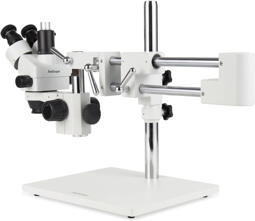 AmScope Microscopio profesional trinocular con zoom estéreo SM-4TZ-144A, unidades de visualización WH10x, aumento de 3,5X-90X, objetivo con zoom 0,7X-4,5X, anillo de luz LED de 4 zonas, soporte de tipo jirafa con 2 brazos, 110V-240V, incluye lentes Barlow