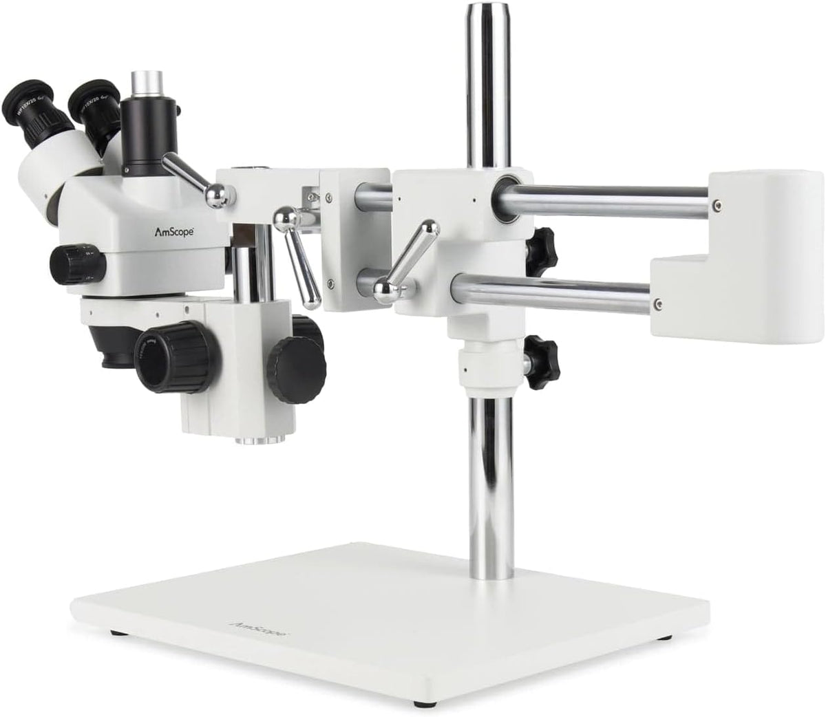AmScope Microscopio profesional trinocular con zoom estéreo SM-4TZ-144A, unidades de visualización WH10x, aumento de 3,5X-90X, objetivo con zoom 0,7X-4,5X, anillo de luz LED de 4 zonas, soporte de tipo jirafa con 2 brazos, 110V-240V, incluye lentes Barlow