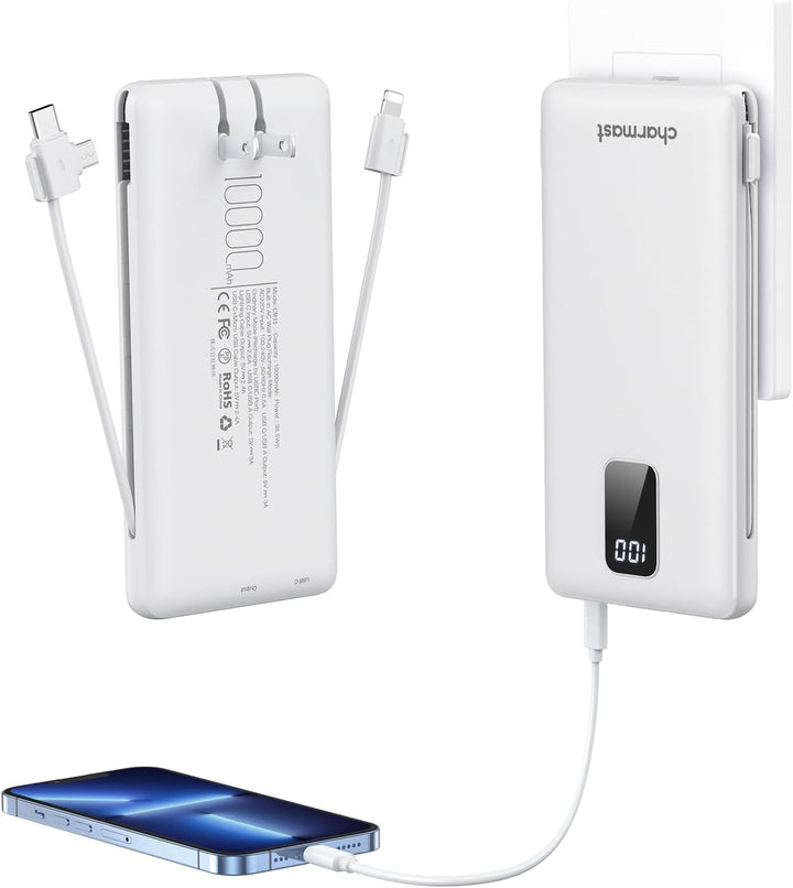 charmast Cargador portátil con cables y enchufe integrados, cargado...