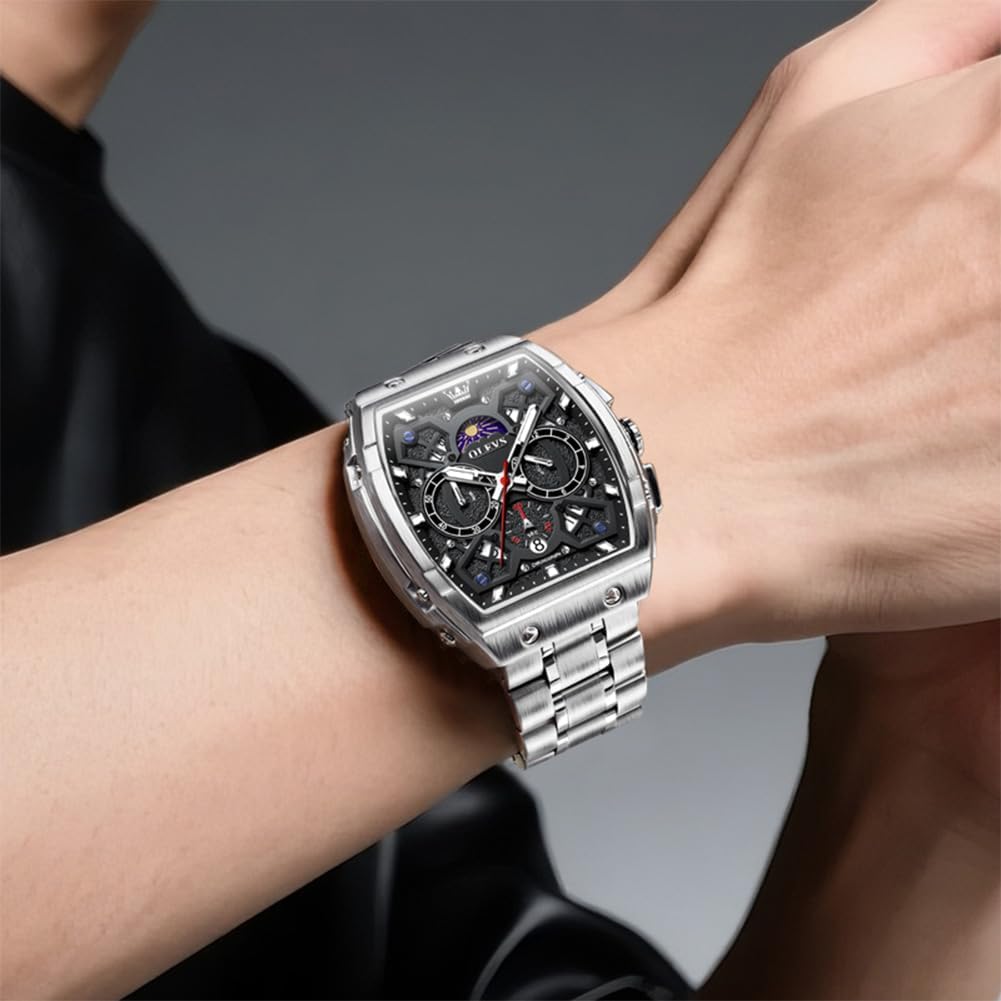 OLEVS Relojes para Hombres Business Dress Chronograph Cuadrado Grande Analógico con Correa de Silicona a prueba de agua con Fecha Regalo para Hombre Reloj de Muñeca Plateado