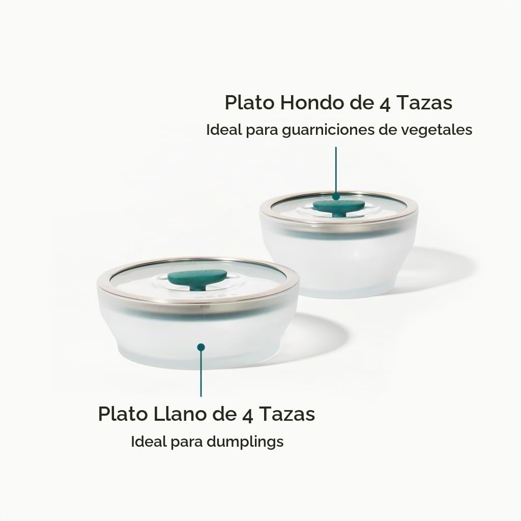Anyday Juego de 4 Piezas de Utensilios de Cocina para Microondas y Almacenamiento de Alimentos de Vidrio con Tapas de Vidrio | Recipientes Medianos Sin Plástico | Vaporera Apilable con Tapa Ventilada