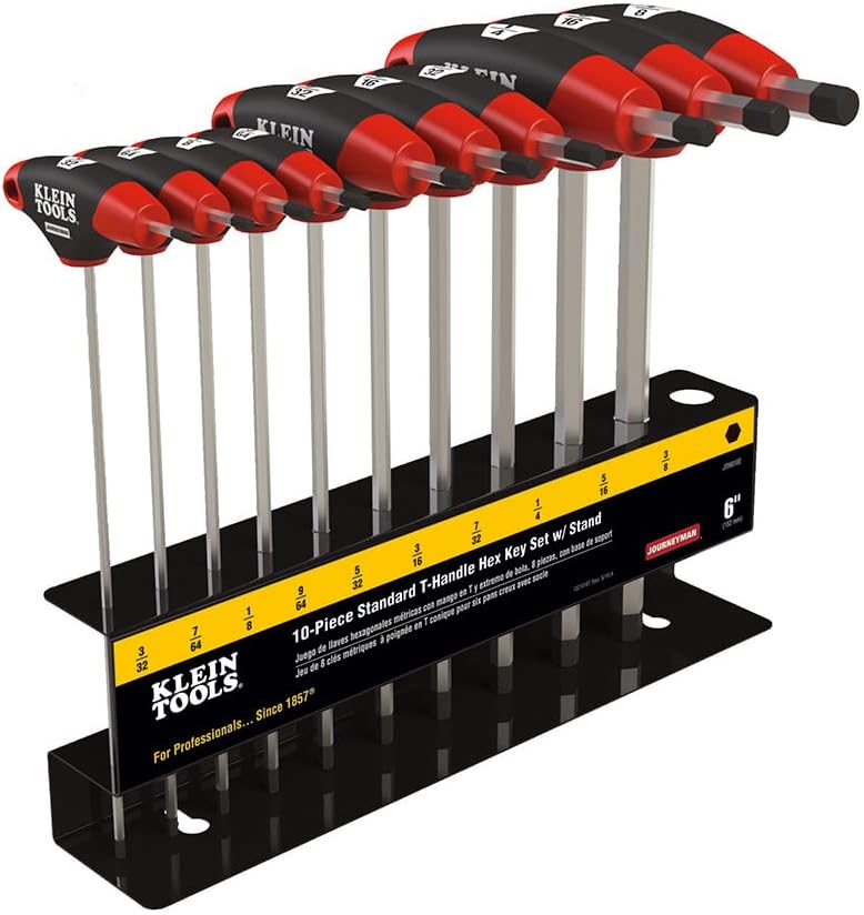 KLEIN TOOLS JTH610E Juego de llaves Allen de mango en T, tamaños SAE en pulgadas, juego de llaves Allen con hojas de 6 pulgadas, soporte incluido, 10 piezas