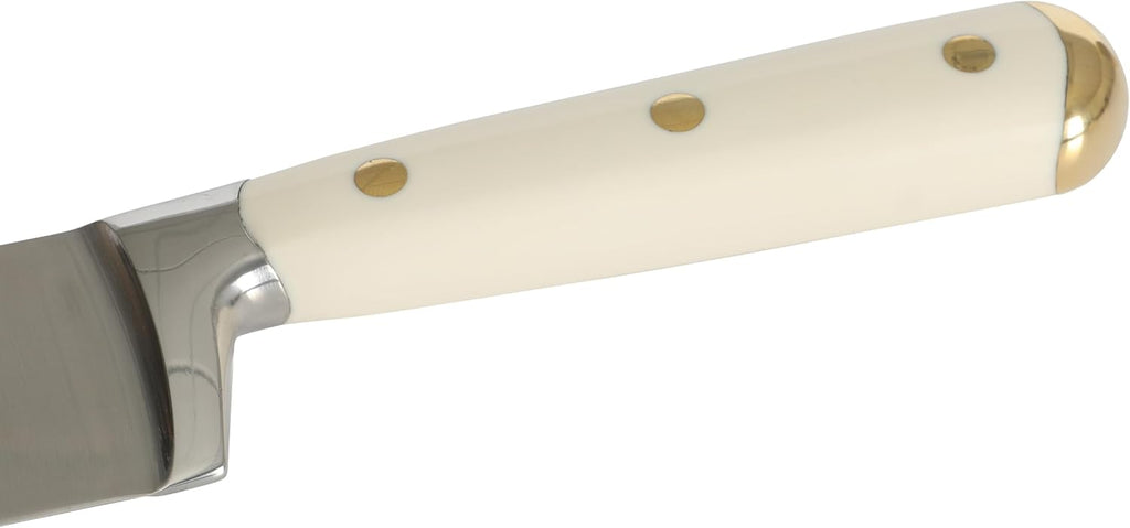 Martha Stewart Lockton - Juego de 16 cuchillos de chef de acero inoxidable de alto carbono forjados, bloque de madera de acacia, asas triples remachadas, lino blanco y dorado