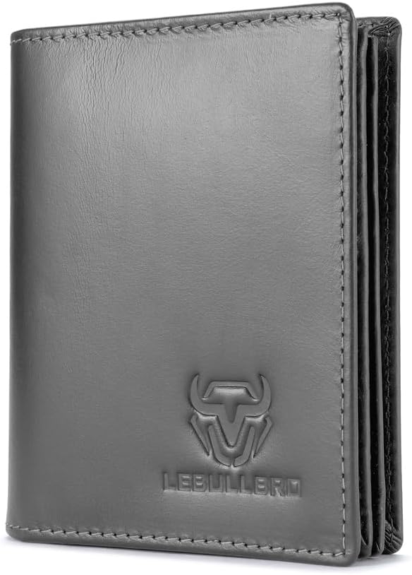 LEBULLBRO Cartera de cuero genuino plegable con bloqueo RFID de gra...