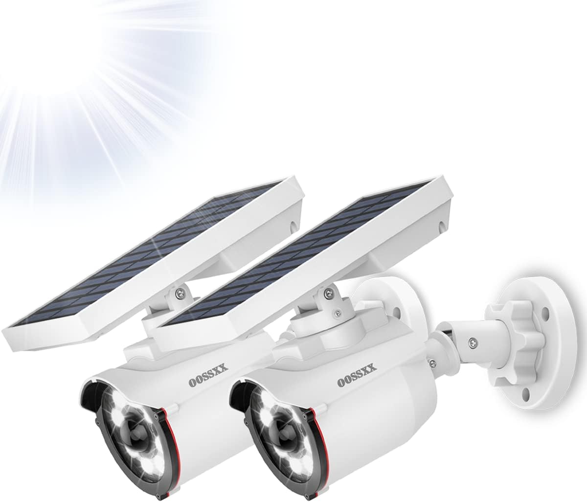 OOSSXX Cámara falsa inalámbrica con energía solar para exteriores, sin cables, luz de movimiento solar, sensor de movimiento, reflectores más brillantes, foco de iluminación puntual, detector activado