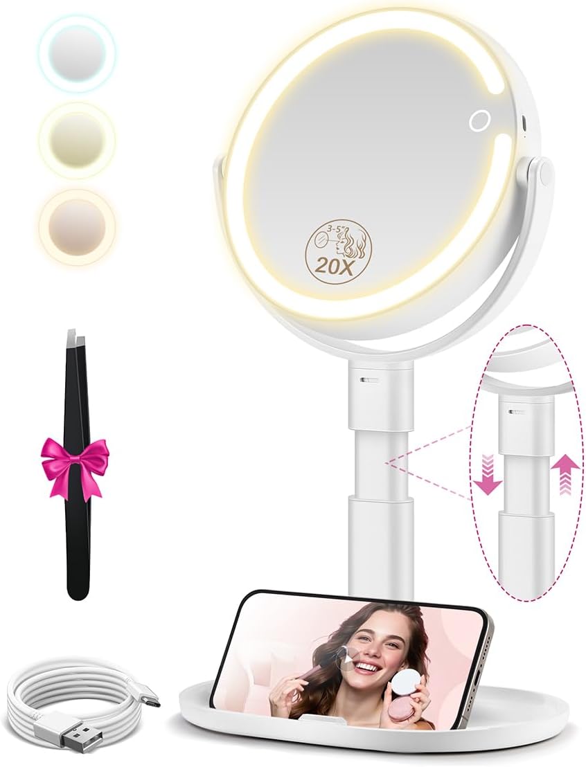 Espejo de maquillaje con luces, espejos de aumento 20X, altura ajustable, espejo de tocador con luces recargable, 3 modos de color, espejos de viaje desmontables de doble cara, regalo para mujeres, blanco