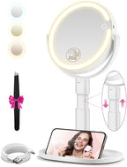 Espejo de maquillaje con luces, espejos de aumento 20X, altura ajustable, espejo de tocador con luces recargable, 3 modos de color, espejos de viaje desmontables de doble cara, regalo para mujeres, blanco