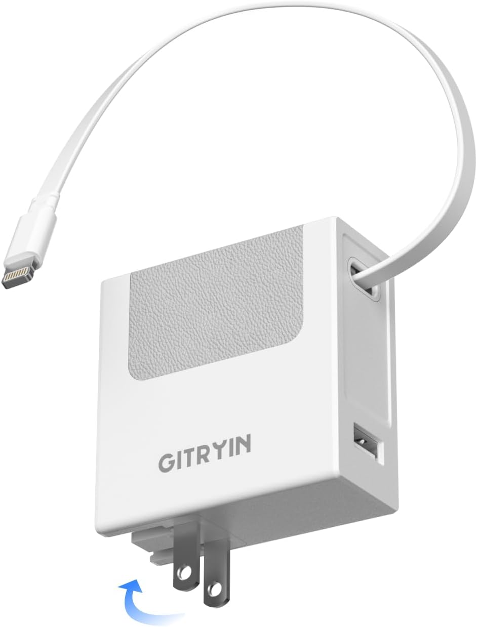 Cargador de pared USB retráctil 40W PD, cable Lightning de 33.5 in, 1 USB-A