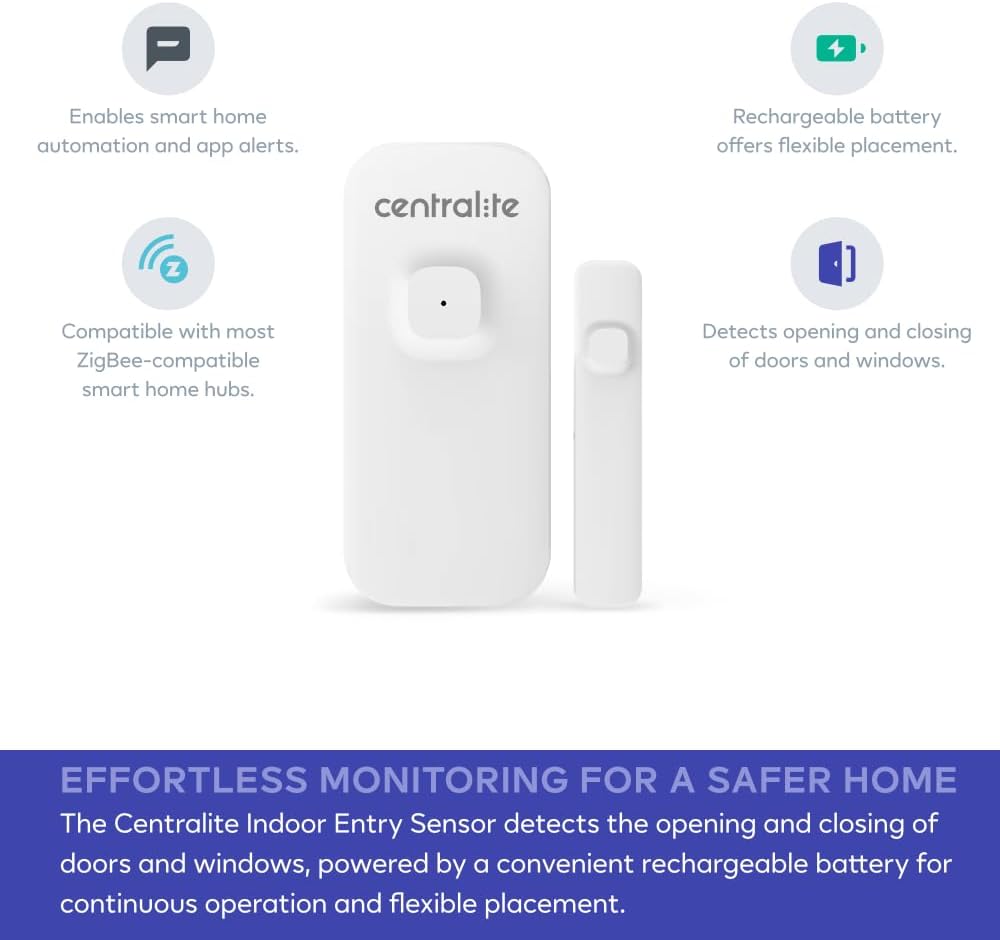 Centralite Sensor de entrada interior con batería recargable | Sensor inteligente de ventana de puerta de casa | Compatible con Zigbee 3.0 | Alarma de seguridad inalámbrica | Compatible con