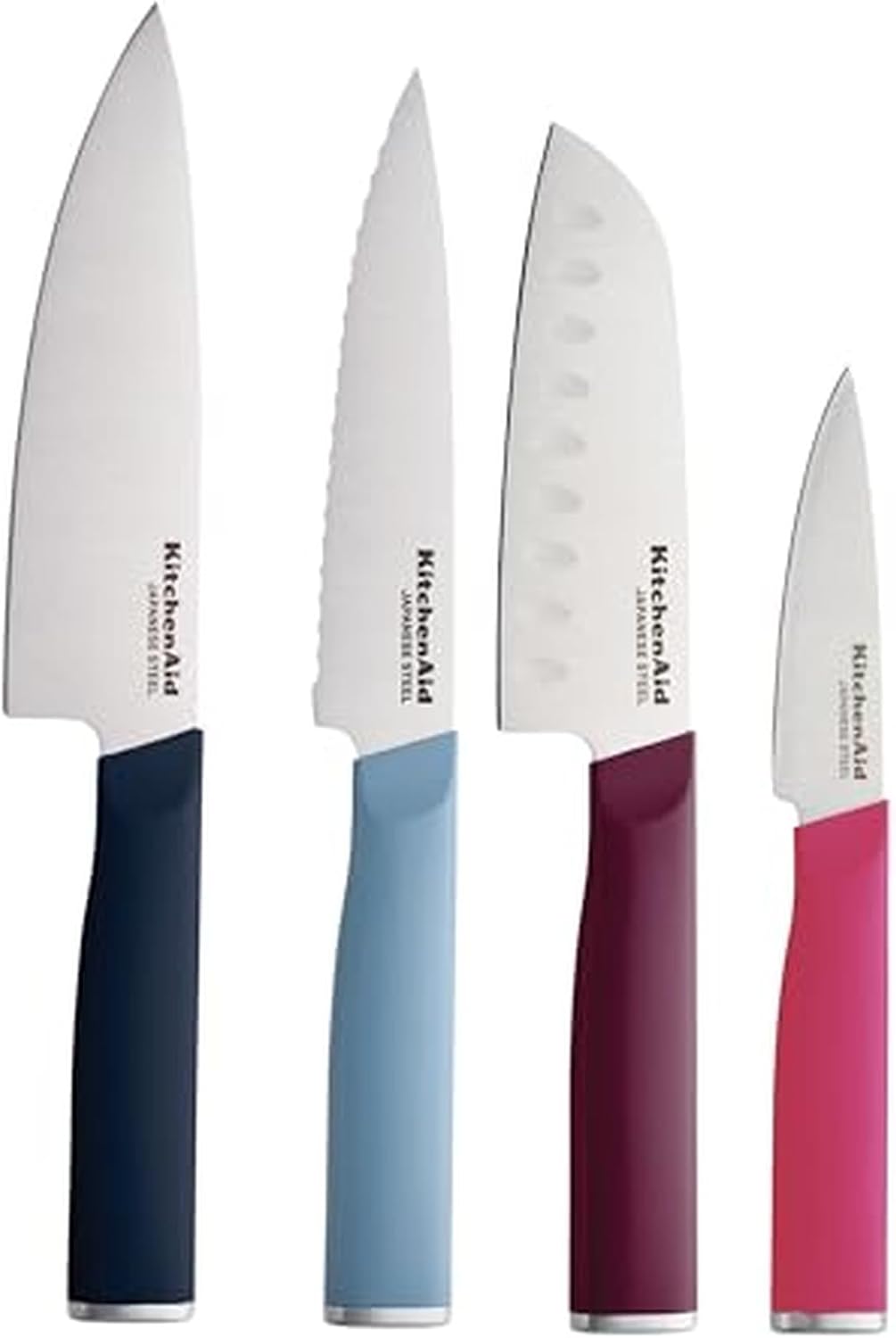 KitchenAid Juego de cuchillos de chef de 4 piezas con cubiertas de cuchilla, cuchillo de chef de 6 pulgadas, Santoku de 5 pulgadas, utilidad dentada de 5.5 pulgadas, acero japonés para pelar de 3.5 pulgadas, colores surtidos