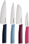 KitchenAid Juego de cuchillos de chef de 4 piezas con cubiertas de cuchilla, cuchillo de chef de 6 pulgadas, Santoku de 5 pulgadas, utilidad dentada de 5.5 pulgadas, acero japonés para pelar de 3.5 pulgadas, colores surtidos
