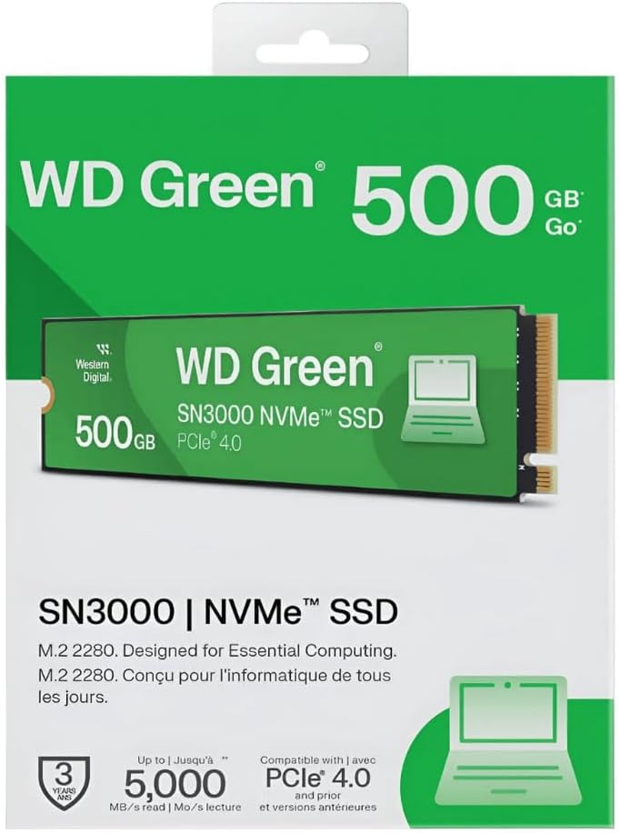 Western Digital SSD interno WD SN3000 NVMe verde de 500 GB - Unidad...