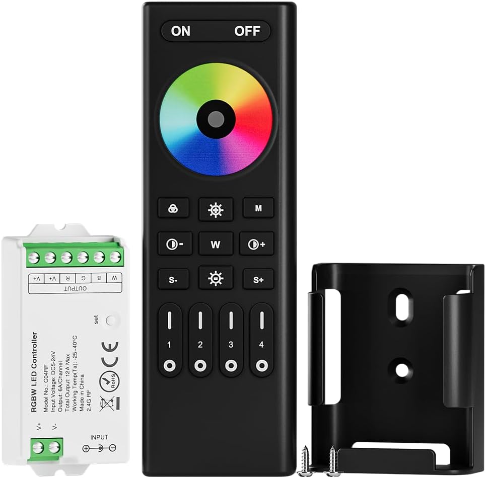 BTF-LIGHTING 5050SMD FCOB COB RGBW RF Remote RC03RFB & C04RF Tuya Controlador de Kit de 4 Zonas RF 2.4GHz Control Remoto Inalámbrico de Grupo PWM(+ R G B W) Tira de LED de 5 pines DC5V DC12V DC24V
