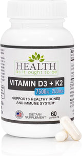 HAIOTB D3+K2: Vitamina D3 7500 UI (188mcg) + K2 200 mcg- 60 Cápsulas