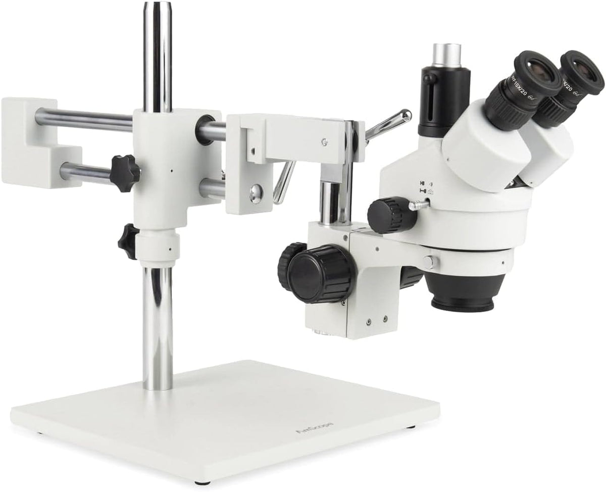 AmScope Microscopio profesional trinocular con zoom estéreo SM-4TZ-144A, unidades de visualización WH10x, aumento de 3,5X-90X, objetivo con zoom 0,7X-4,5X, anillo de luz LED de 4 zonas, soporte de tipo jirafa con 2 brazos, 110V-240V, incluye lentes Barlow