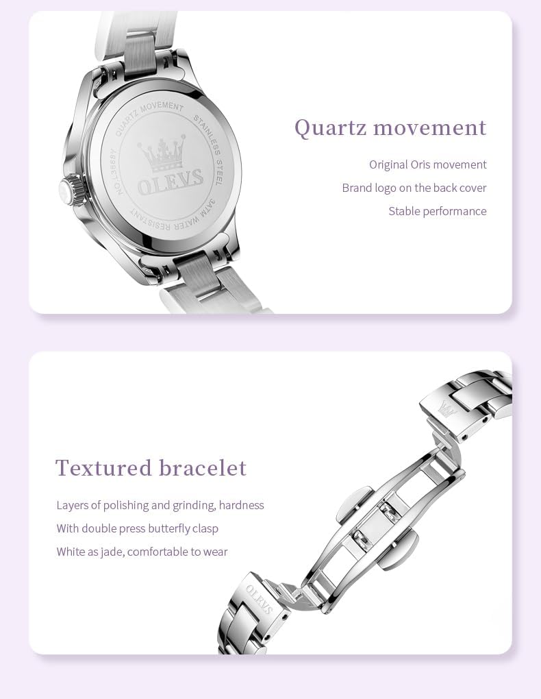 OLEVS Reloj para Mujer Plateado de Acero Inoxidable Elegante Analógico Lúmenes Visibles