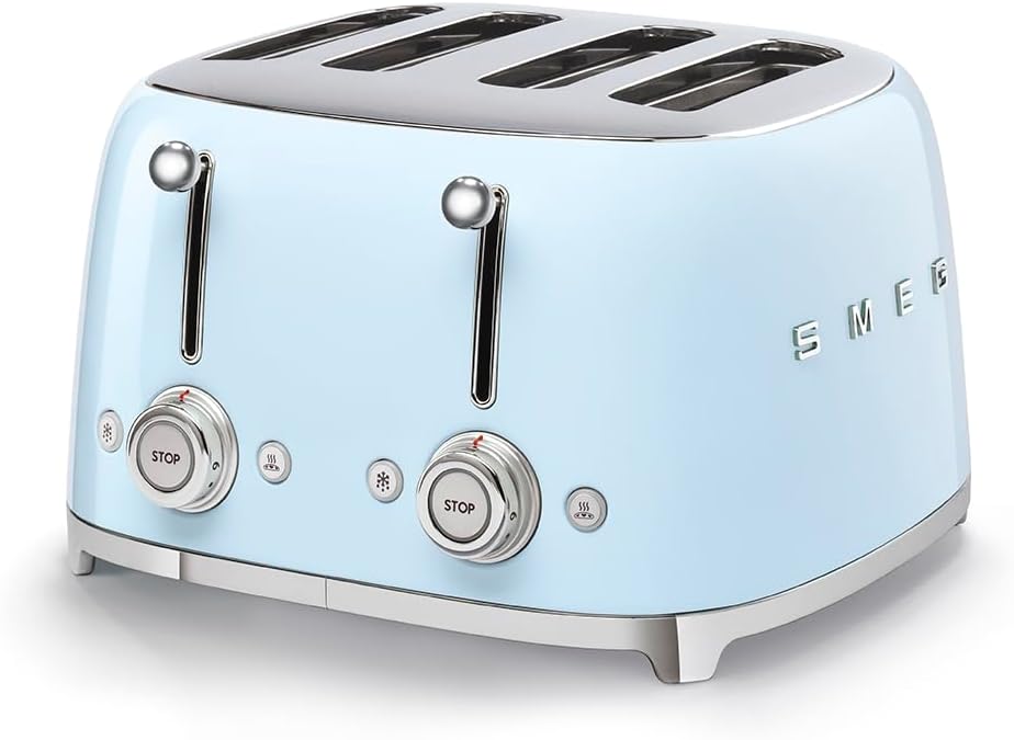 SMEG Tostadora TSF03 de 4 rebanadas, tostadora retro de acero inoxidable con ranuras anchas para bagels, 6 niveles de tostado, funciones de bagel de recalentamiento de descongelación, controles duales