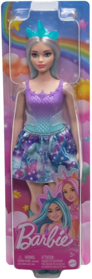 Barbie Muñeca de unicornio con pelo de fantasía turquesa, atuendo p...