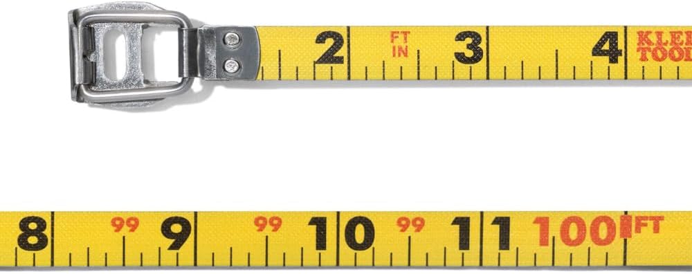 Klein Tools 94100CR - Cinta métrica larga de carrete cerrado, hoja recubierta de nailon de 100 pies, con clip para cinturón y agujero para cordón
